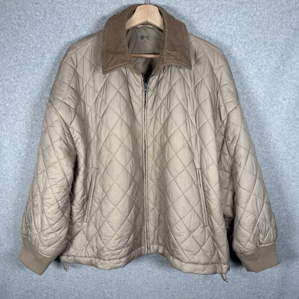 Uniqlo Puffer Jacket Womens 3XL Corduroy Collar‎ Full Zip Beige Quilted